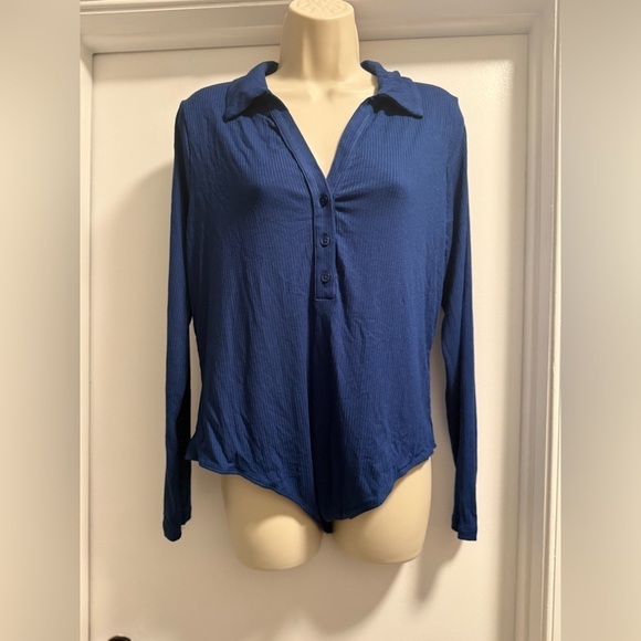 Violet & Roses Blue Ribbed Long Sleeve Bodysuit 1X - Picture 3 of 12